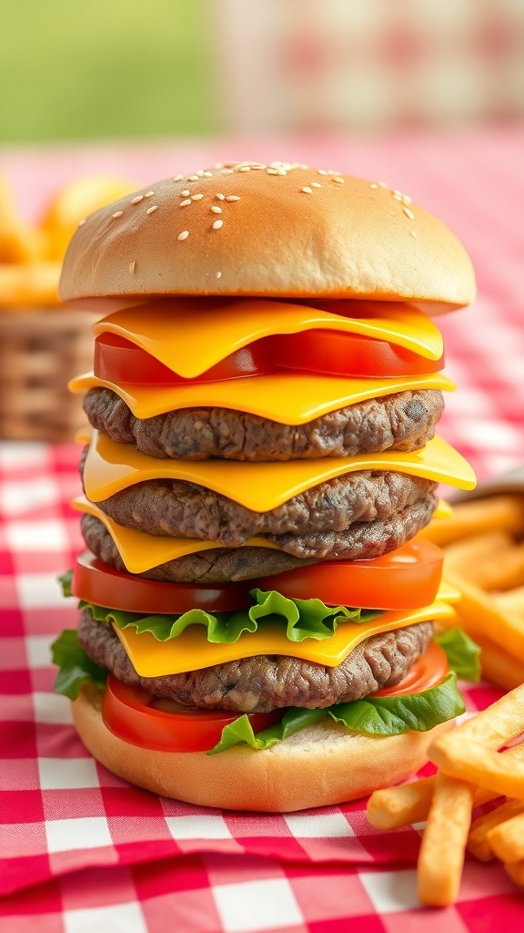 A fun and colorful 3D hamburger with beef patties, cheese, lettuce, and tomato on a picnic table.
